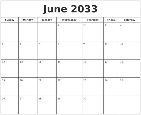 June 2033 Print Free Calendar