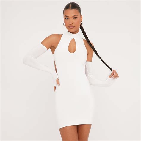 Key Hole Cut Out Mini Bodycon Dress With Sleeves In White Ego