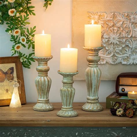 Rustic Pillar Candle Holders Set Of 3 Antique Resin For Home Table Dec