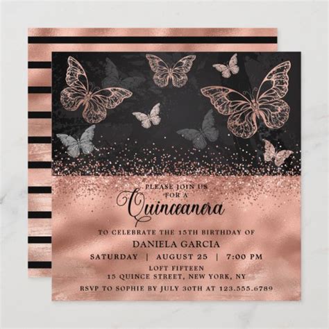 Invitación Rosa Purpurina de oro Mariposa moderna Quinceañera Zazzle es