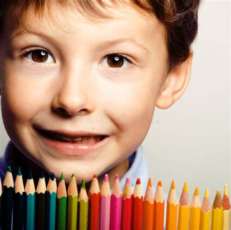 Little Cute Boy Color Pencils Close Up Smiling Stock Photos Free