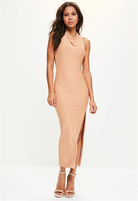 Lyst Missguided Nude Slinky Halterneck Thigh Split Dress In Natural