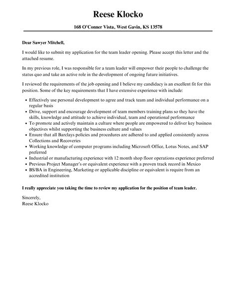 team leader cover letter velvet jobs