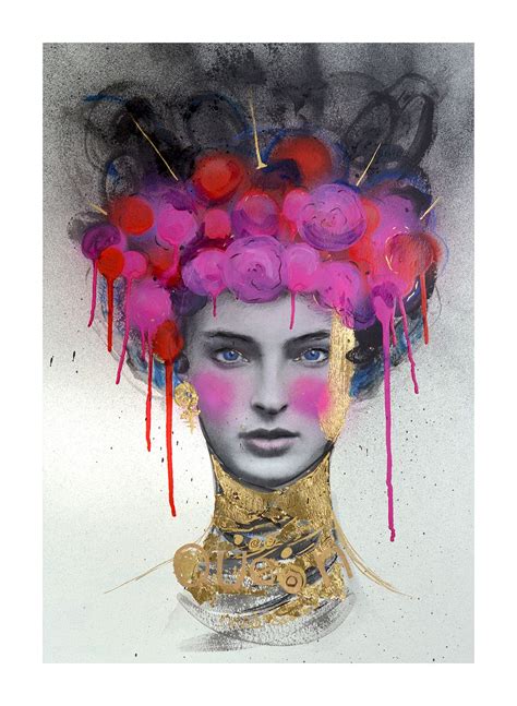 Queen Portrait Abstract Painting Drawing Analog Collage Gold Crown Flowers Pink Black