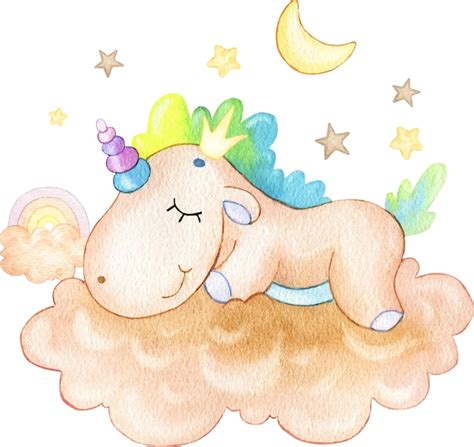 Linda Ilustración De Un Divertido Unicornio Durmiendo En Una Nube Con