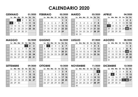Calendario 2020 Annuale Calendario Su