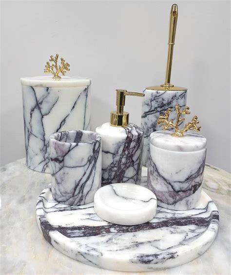 An Elegant Marble Bathroom Set Of 7 Pieces Made Of Natural Veined Mugla