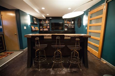 Black tuscany theater seating power recline. Bar with stools adds extra seating for this small room ...