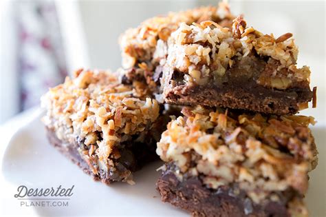 The pecan pie bars combine rich, gooey, homemade salted caramel filling with chocolate. German Chocolate Pecan Pie Bars - DessertedPlanet.com