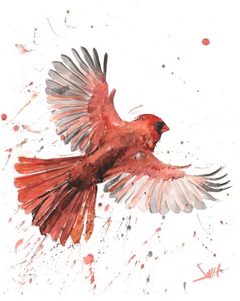 Northern Red Cardinal Bird In Flight Watercolor Painting Art Etsy