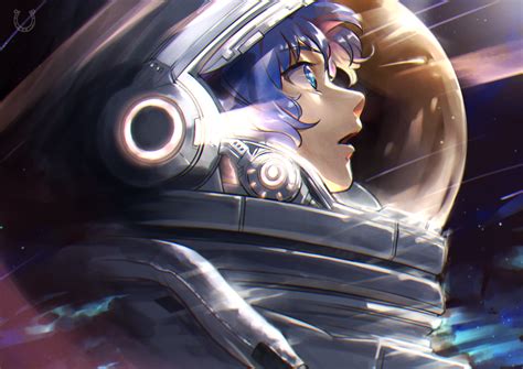 Wallpaper Anime Girls Space Suit Blue Hair Stars Open Mouth Blue