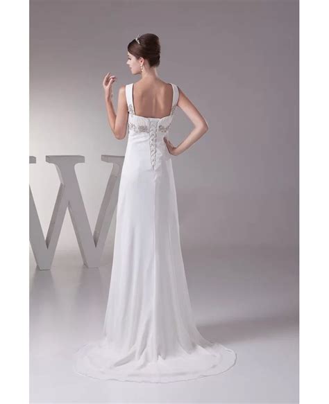 Empire V Neck Sweep Train Chiffon Wedding Dress With Beading Op