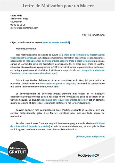 Exemple de Lettre de Motivation pour un Master  Lettres gratuites