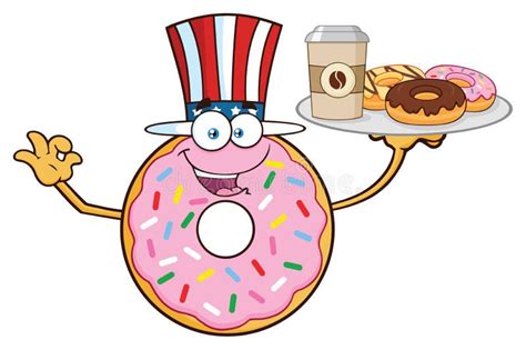 American Donut Cartoon Mascot Character Serving Donuts Stock Vector