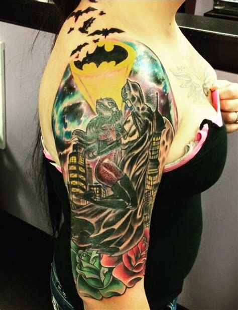 Girl Half Sleeve Batgirl And Batman In City With A Broken Batman