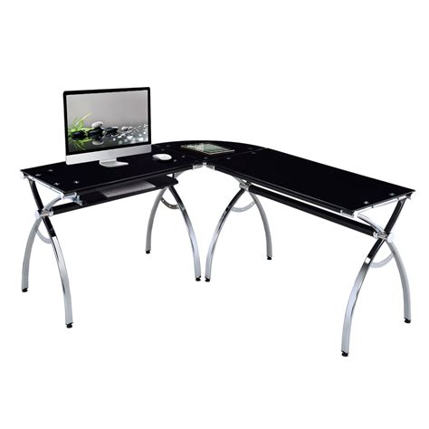 Techni Mobili L Shaped Black Tempered Glass Top Corner Desk With Pull Out Keyboard Tray Rta