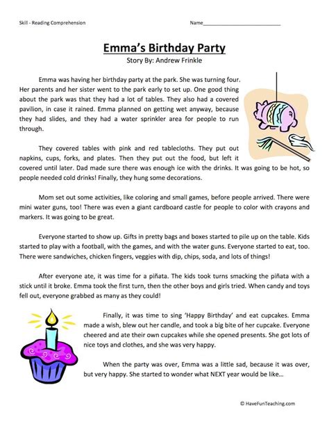 Emma S Birthday Party Reading Comprehension Worksheet Artofit