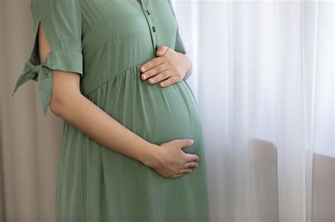 Tierna Mujer Soltera Embarazada Abraza La Barriga Grande Por La Ventana
