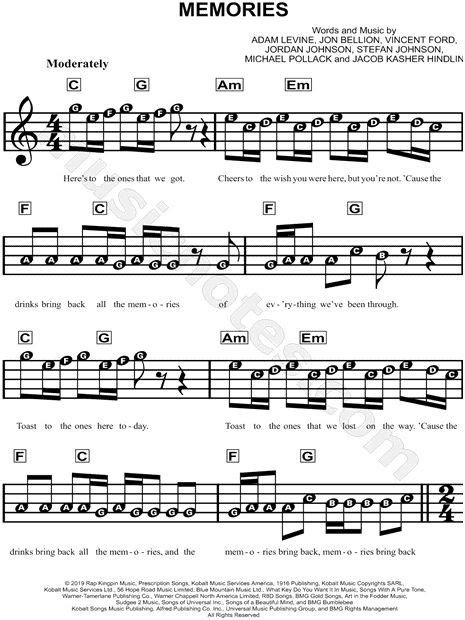 Created specifically for new musicians, beginner notes are sheet music arrangements featuring large notes with the letter corresponding to each note indicated in the head. Print and download Memories sheet music by Maroon 5. Sheet ...