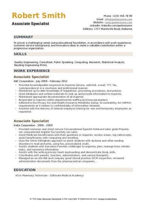 By creating an indeed resume, you agree to indeed's terms of service, cookie policy and privacy policy, and agree to be contacted by employers via indeed. Associate Specialist Resume Samples | QwikResume