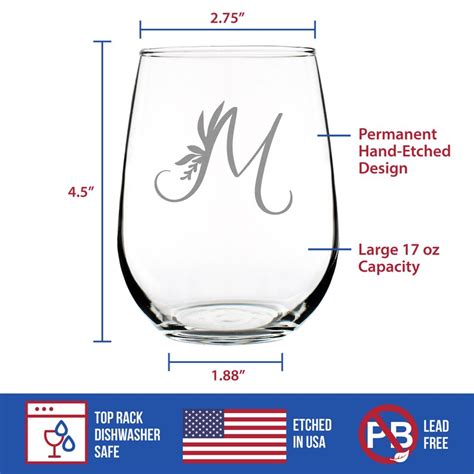Monogram Floral Letter M Stemless Wine Glass Large 17 Ounce Etsy