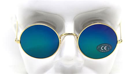 made in italy round sunglasses man woman gold metal frame mirrored blue green lens hippie boho