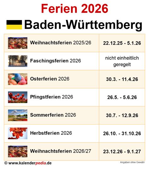 Ferien Baden-Württemberg 2026 - Übersicht der Ferientermine