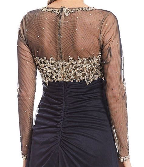 Xscape Sheer Long Sleeve Round Neck Gold Embroidered Ruched Sheath Gown