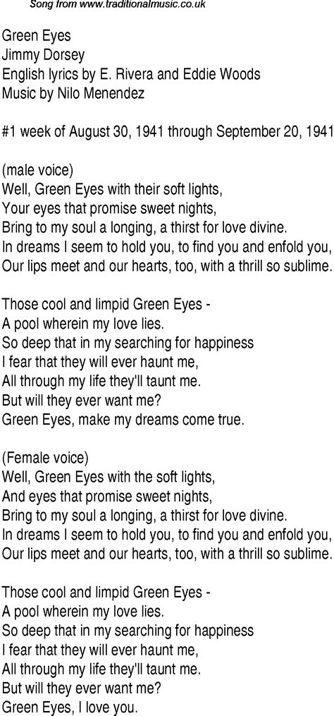 Top Songs 1941 Music Charts Lyrics For Green Eyes