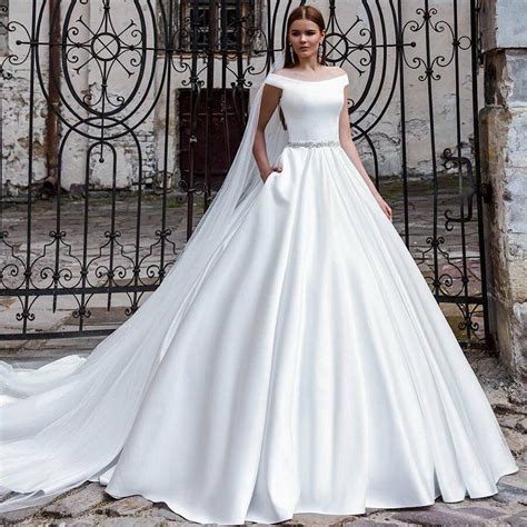 Discount White Satin Wedding Dresses A Line Beads Sash Bridal Gowns