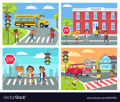 Schoolchildren Cross Road On Pedestrian Crossing Vector Image