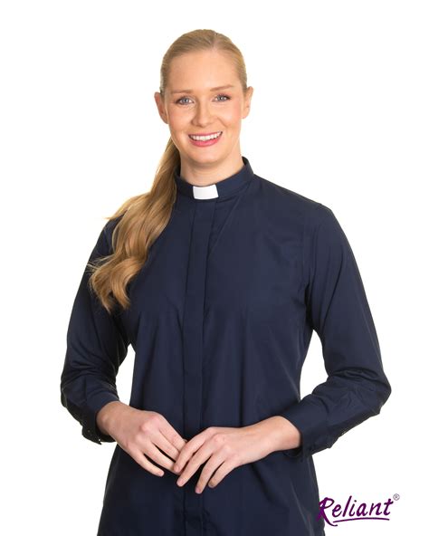 Womens 1in Tunnel Collar Long Sleeve Clerical Shirt Navy Reliant