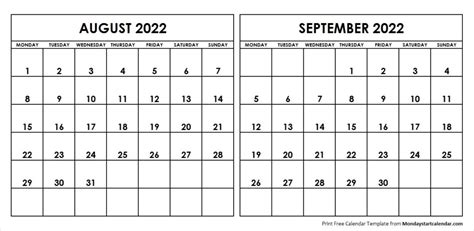 Aug Sep 2022 Calendar Monday Start Editable Two Months Template