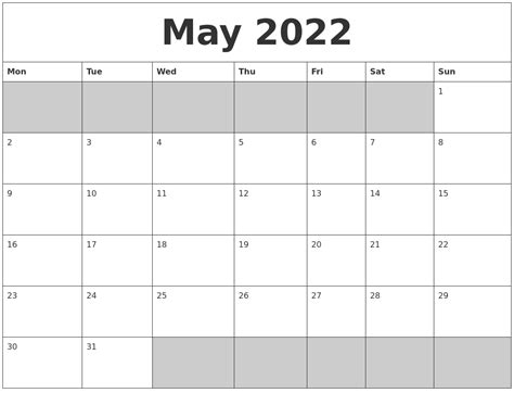 2022 Calendar Printable Start Monday Template Calendar Design