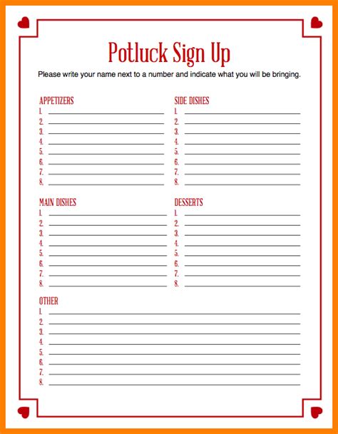 Free Printable Potluck Sign Up Sheet Template