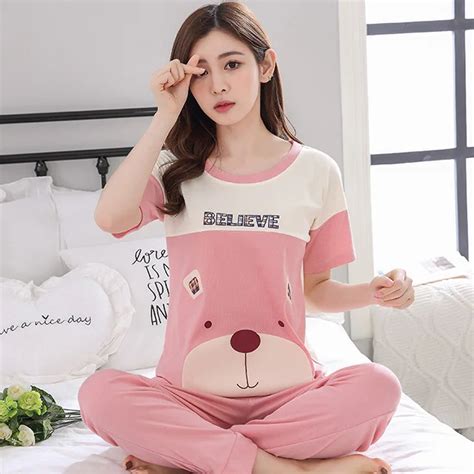 woman pajamas sets hot summer short sleeve thin sleepwear cartoon print cute loose girls home