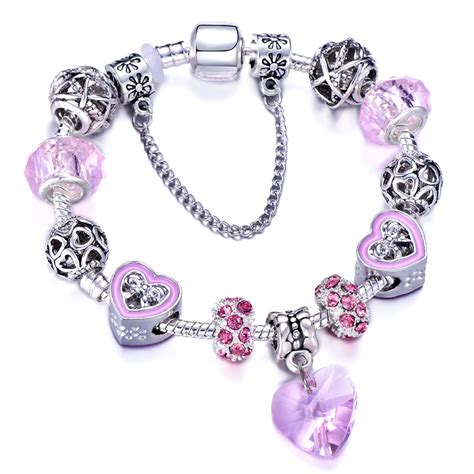 Queen Jewelry Love Heart Charm Bracelet With Pink Crystal Glass Beads
