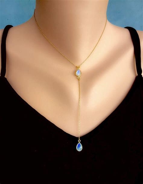 Delicate Y Shape Long Choker With Genuine Moonstones On Dainty 14kt