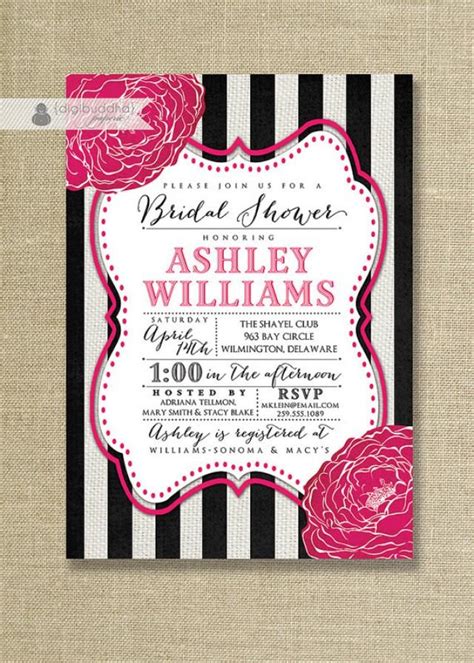 Easily customize this design in our design center with your shower information. Fuchsia Black & White Bridal Shower Invitation Striped Hot Pink Linen Shabby Chic Wedding FREE ...
