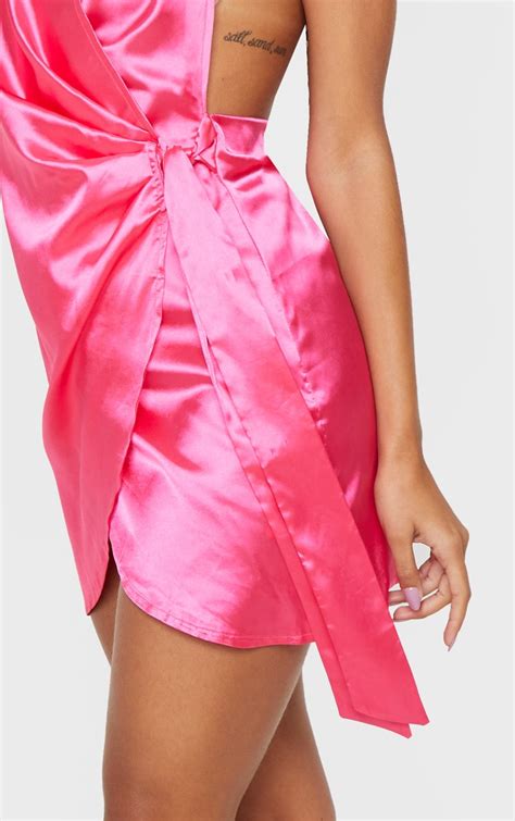 Hot Pink Satin Halterneck Wrap Bodycon Dress Prettylittlething