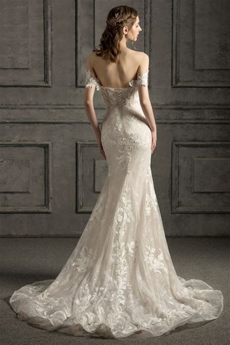 Check it out for yourself. Off Shoulder Corset Back Lace Applique Mermaid Wedding Dress
