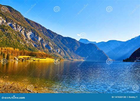 Hallstatt Lake At Sunny Day Blue Sky And Mountain Sarstein Late
