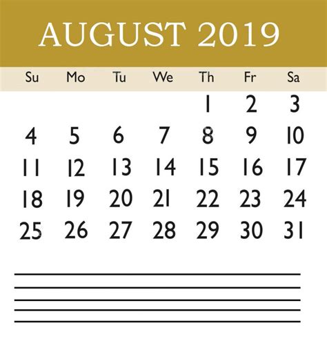 August Calendar 2019 Printable Template Pdf Word Excel