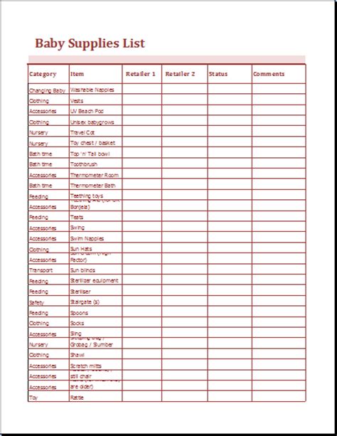 printable baby supplies list ms excel word excel templates