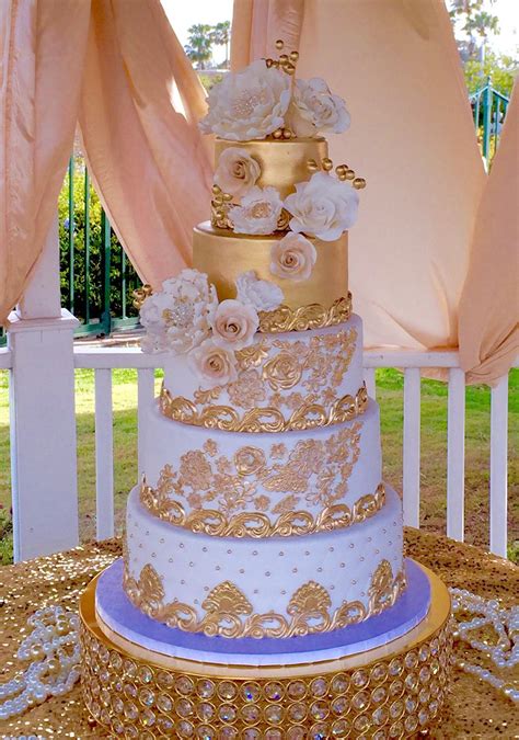 Made This 5 Tier Wedding Cake With Gold Moulding And Lace Appliqué With Gumpaste Peonies And