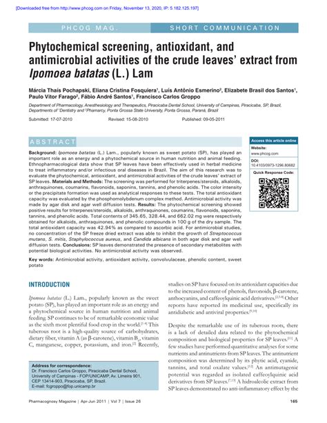 pdf phytochemical screening antioxidant and antimicrobial activities of the crude leaves