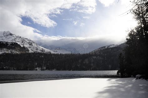 Engadin Valley In Switzerland Sils Maria Village With Snow On Alp