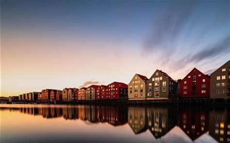 Wallpaper Trondheim Norway Houses River Dusk 7680x4320 Uhd 8k