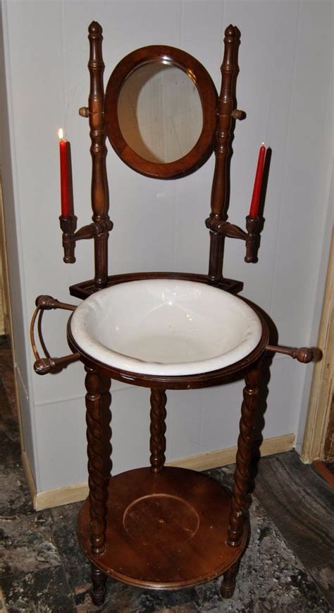 Antique Wooden Wash Stand W Basin Ceramic Bowl Mirror And Candle