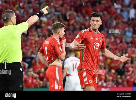 cardiff uk 16th june 2023 kieffer moore of wales reacts as he is